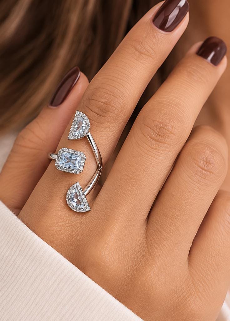 Anillo maxi ajustable de cristal plateado